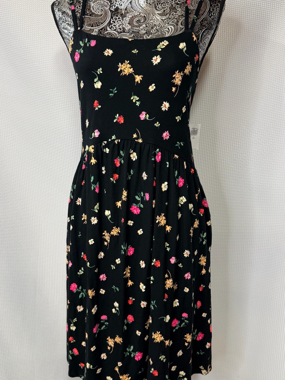 Old Navy Black Floral Midi Dress with Pink & Yellow Blooms